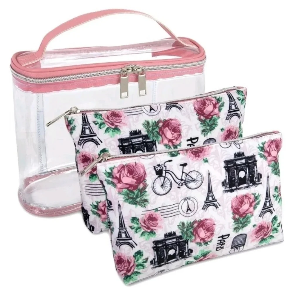 Emma & Chloe Travel Pink Paris Train Case 3 Piece Set NWT Christmas Gift $21